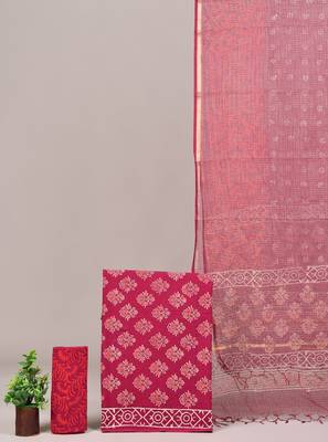 Purple hand block printed cotton suit with kota doriya dupatta 1