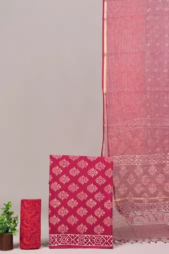 Purple hand block printed cotton suit with kota doriya dupatta