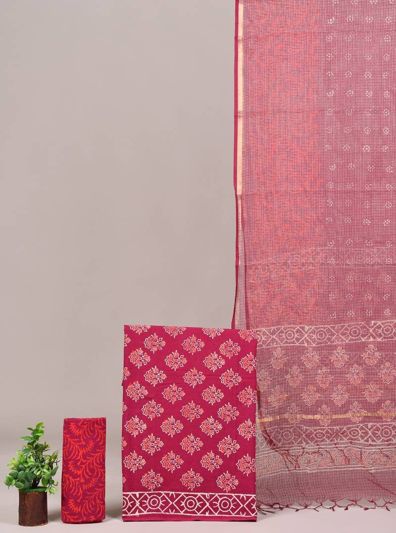 Purple hand block printed cotton suit with kota doriya dupatta