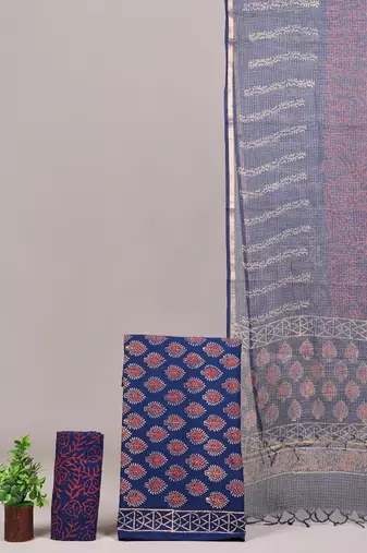 Green hand block printed cotton suit with kota doriya dupatta
