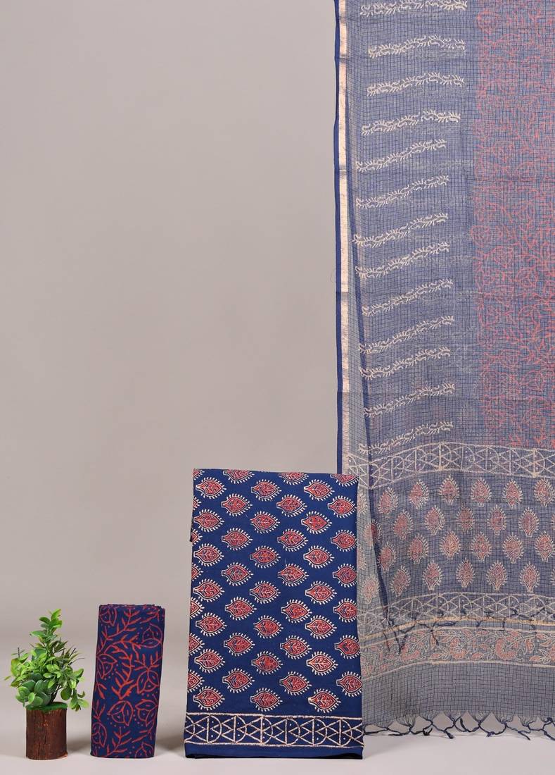 Green hand block printed cotton suit with kota doriya dupatta