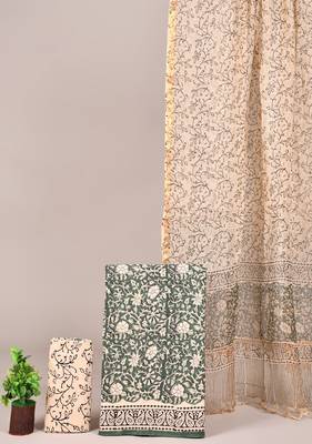 Peach hand block printed cotton suit with kota doriya dupatta 1