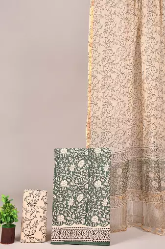 Peach hand block printed cotton suit with kota doriya dupatta