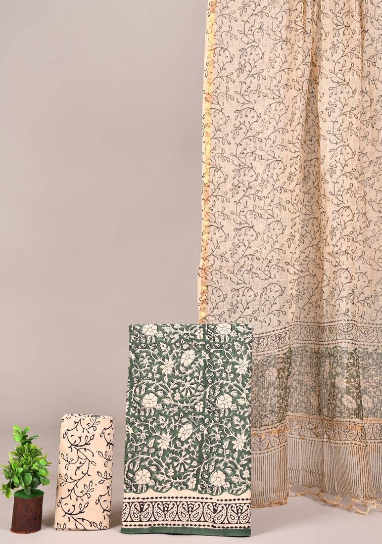 Peach hand block printed cotton suit with kota doriya dupatta