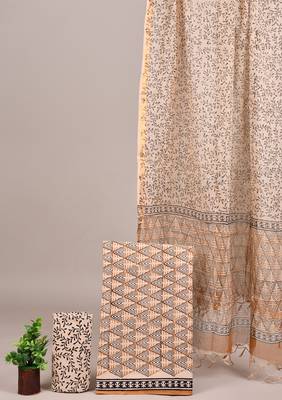Peach hand block printed cotton suit with kota doriya dupatta 1