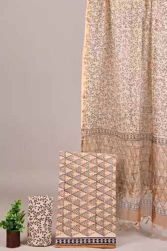 Peach hand block printed cotton suit with kota doriya dupatta