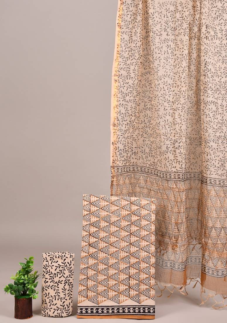 Peach hand block printed cotton suit with kota doriya dupatta