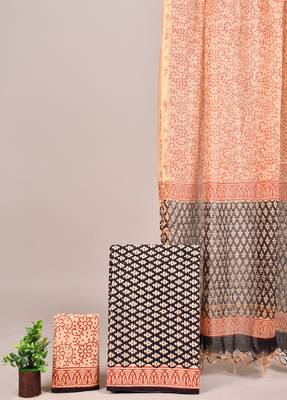 Cream hand block printed cotton suit with kota doriya dupatta 1