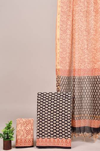 Cream hand block printed cotton suit with kota doriya dupatta