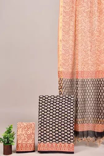 Cream hand block printed cotton suit with kota doriya dupatta