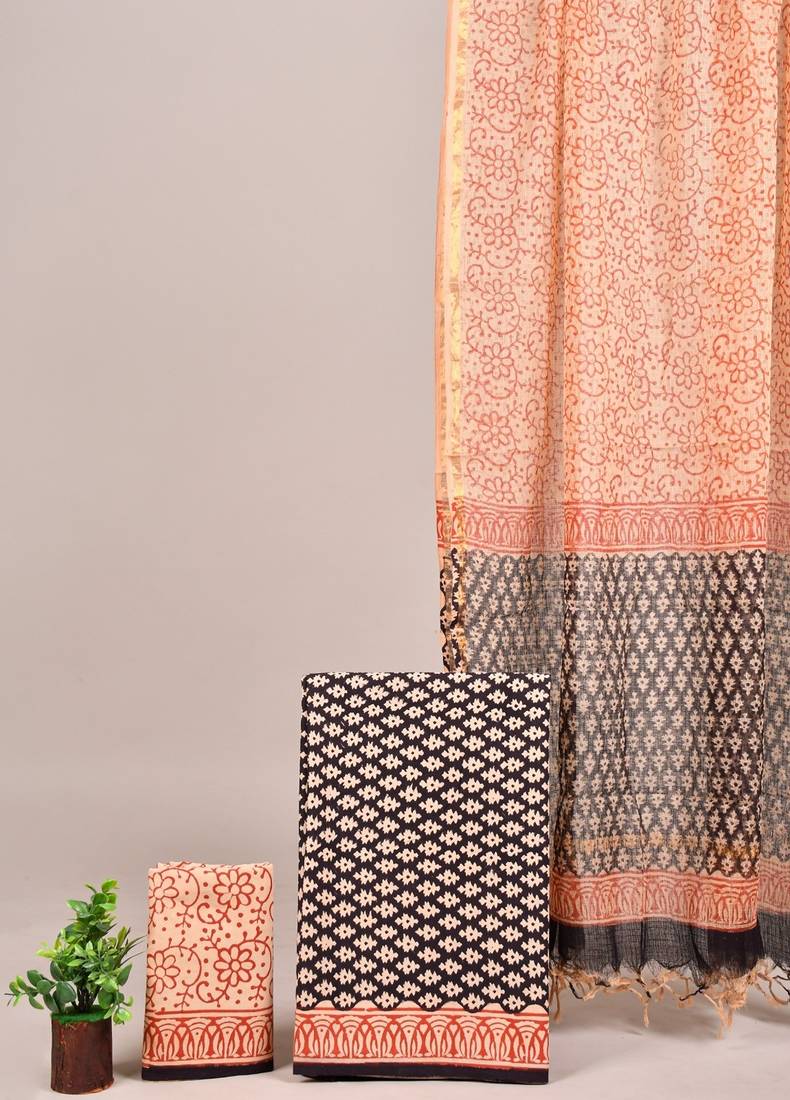 Cream hand block printed cotton suit with kota doriya dupatta