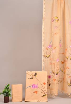 Cream hand block printed cotton suit with kota doriya dupatta 1