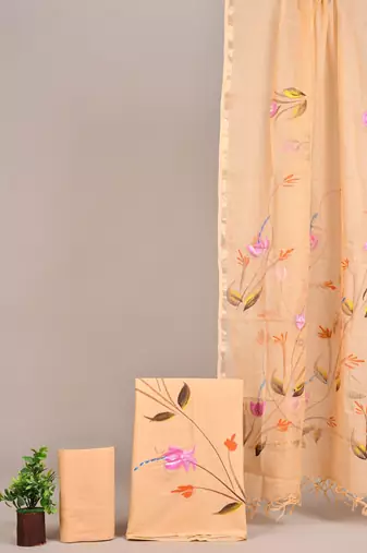Cream hand block printed cotton suit with kota doriya dupatta