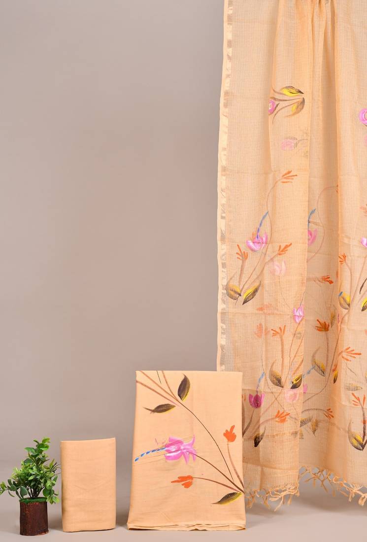 Cream hand block printed cotton suit with kota doriya dupatta