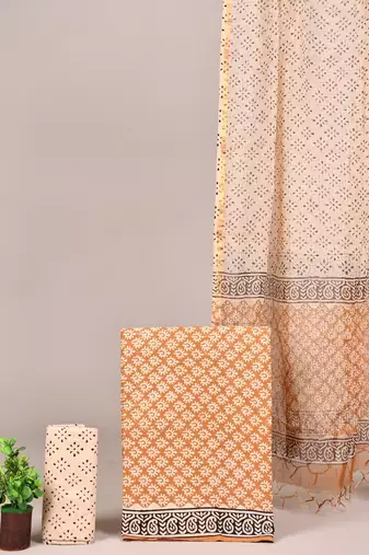 Off white hand block printed cotton suit with kota doriya dupatta