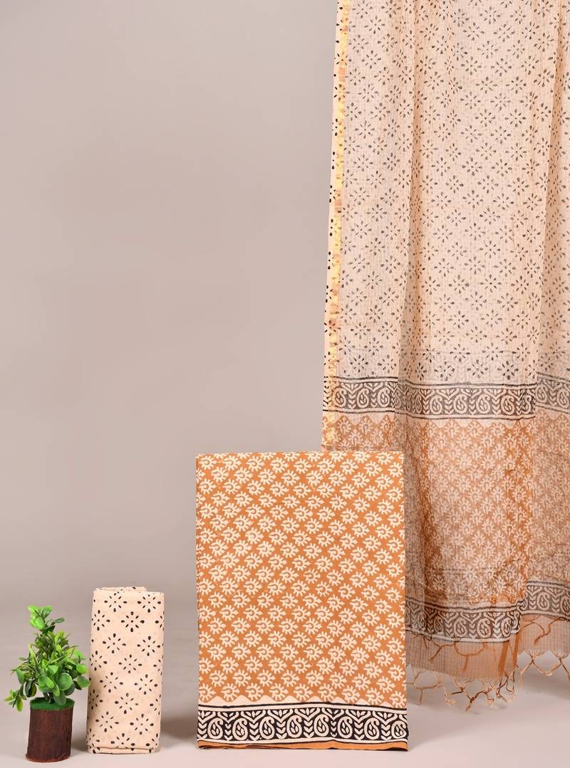 Off white hand block printed cotton suit with kota doriya dupatta