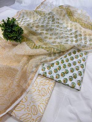 Pink hand block printed cotton suit with kota doriya dupatta 1