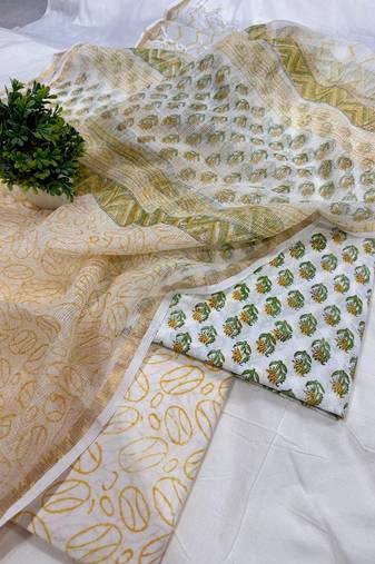 Pink hand block printed cotton suit with kota doriya dupatta