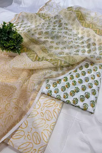 Pink hand block printed cotton suit with kota doriya dupatta