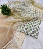 Pink hand block printed cotton suit with kota doriya dupatta