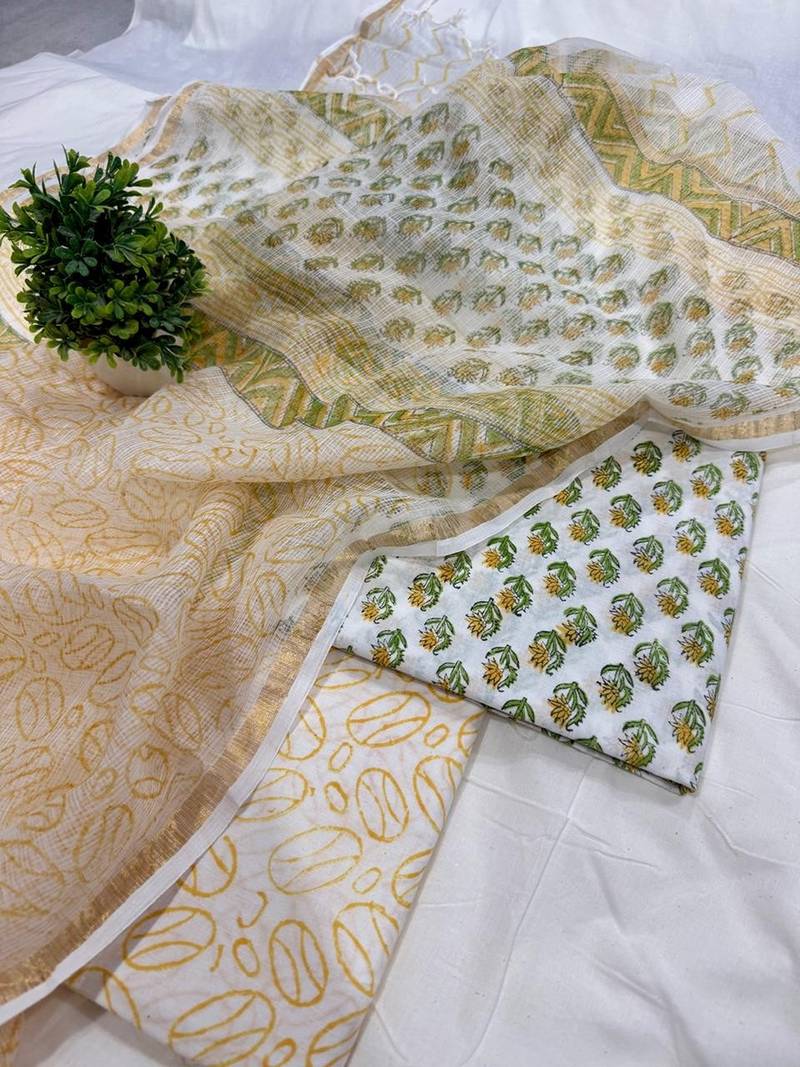 Pink hand block printed cotton suit with kota doriya dupatta