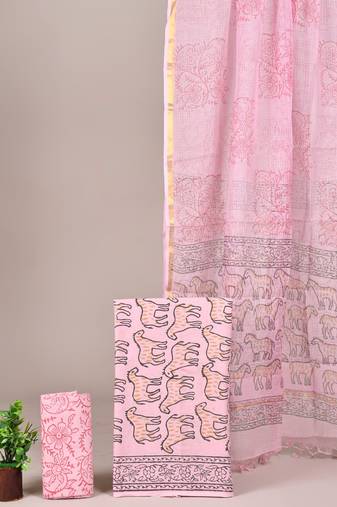 Yellow hand block printed cotton suit with kota doriya dupatta
