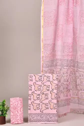 Yellow hand block printed cotton suit with kota doriya dupatta