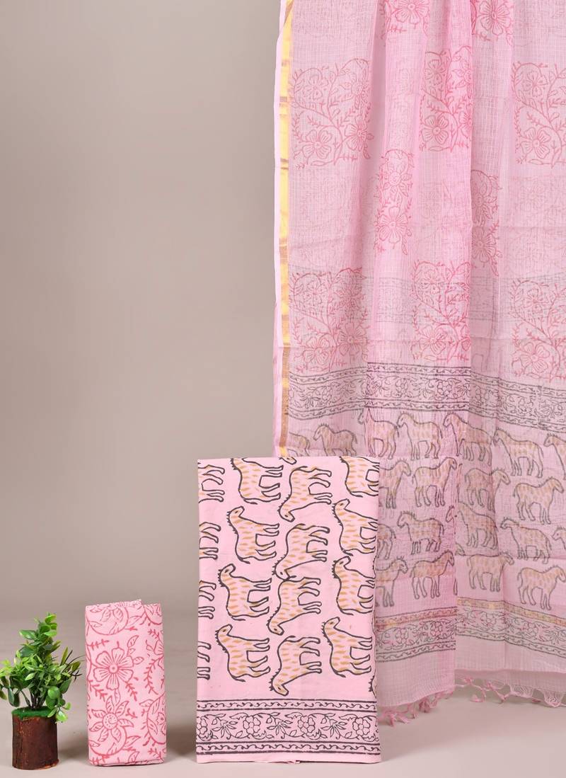 Yellow hand block printed cotton suit with kota doriya dupatta