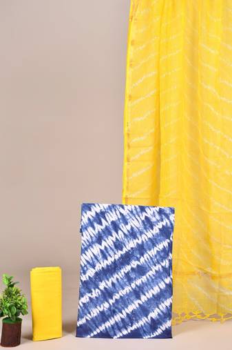 Blue hand block printed cotton suit with kota doriya dupatta