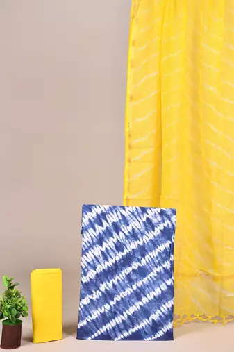 Blue hand block printed cotton suit with kota doriya dupatta