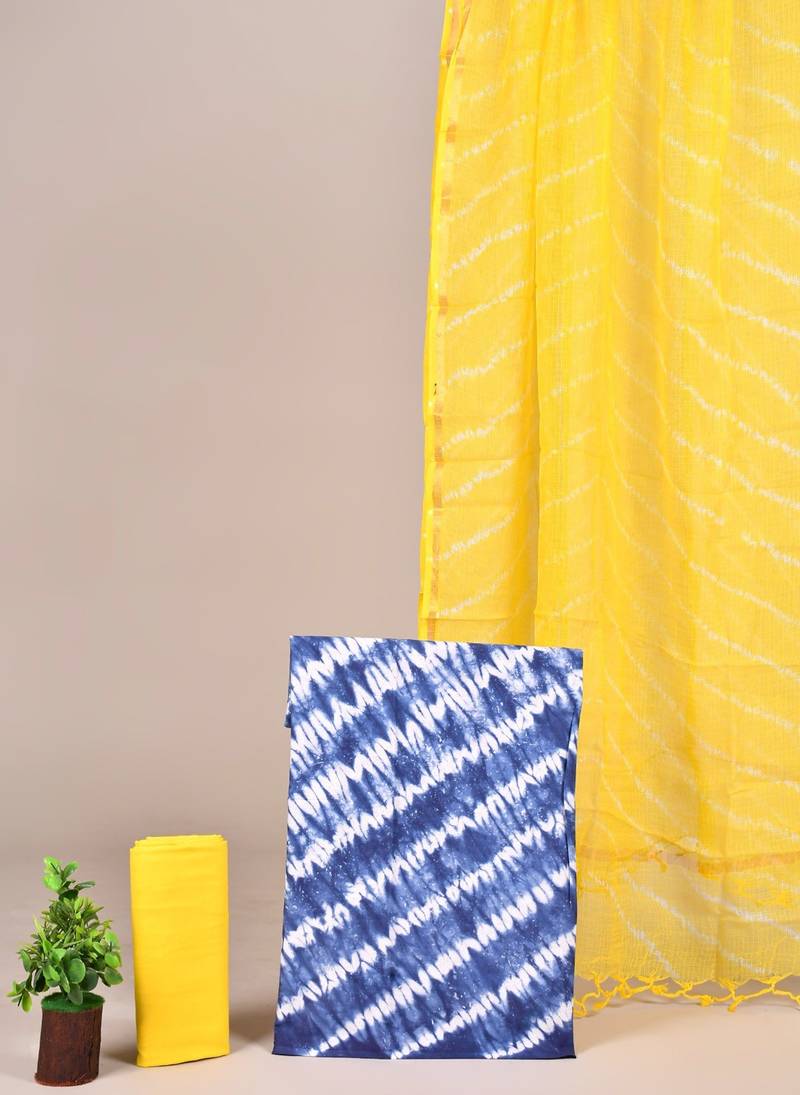 Blue hand block printed cotton suit with kota doriya dupatta