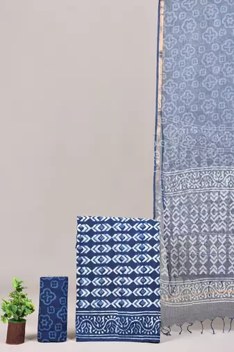 Magenta hand block printed cotton suit with kota doriya dupatta