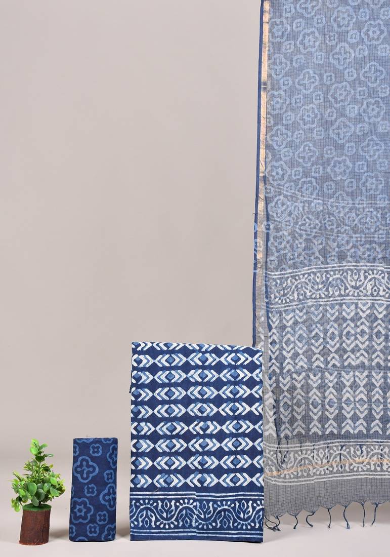 Magenta hand block printed cotton suit with kota doriya dupatta