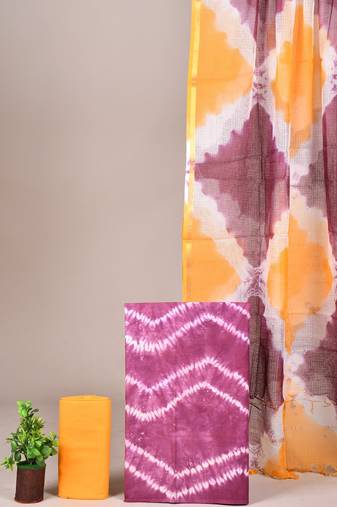 Light yellow hand block printed cotton suit with kota doriya dupatta