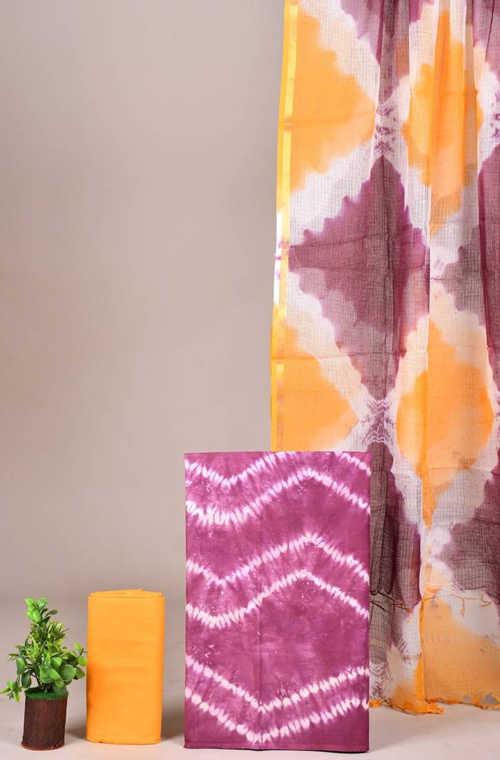 Light yellow hand block printed cotton suit with kota doriya dupatta