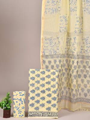 Peach hand block printed cotton suit with kota doriya dupatta 1