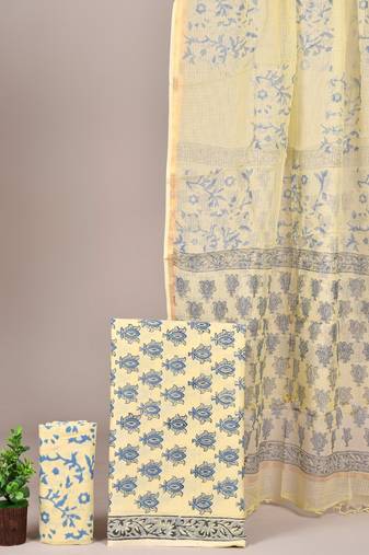 Peach hand block printed cotton suit with kota doriya dupatta