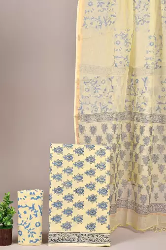 Peach hand block printed cotton suit with kota doriya dupatta