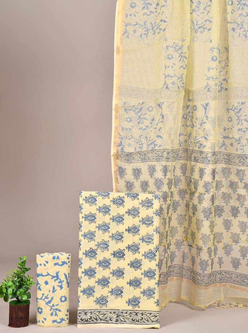 Peach hand block printed cotton suit with kota doriya dupatta