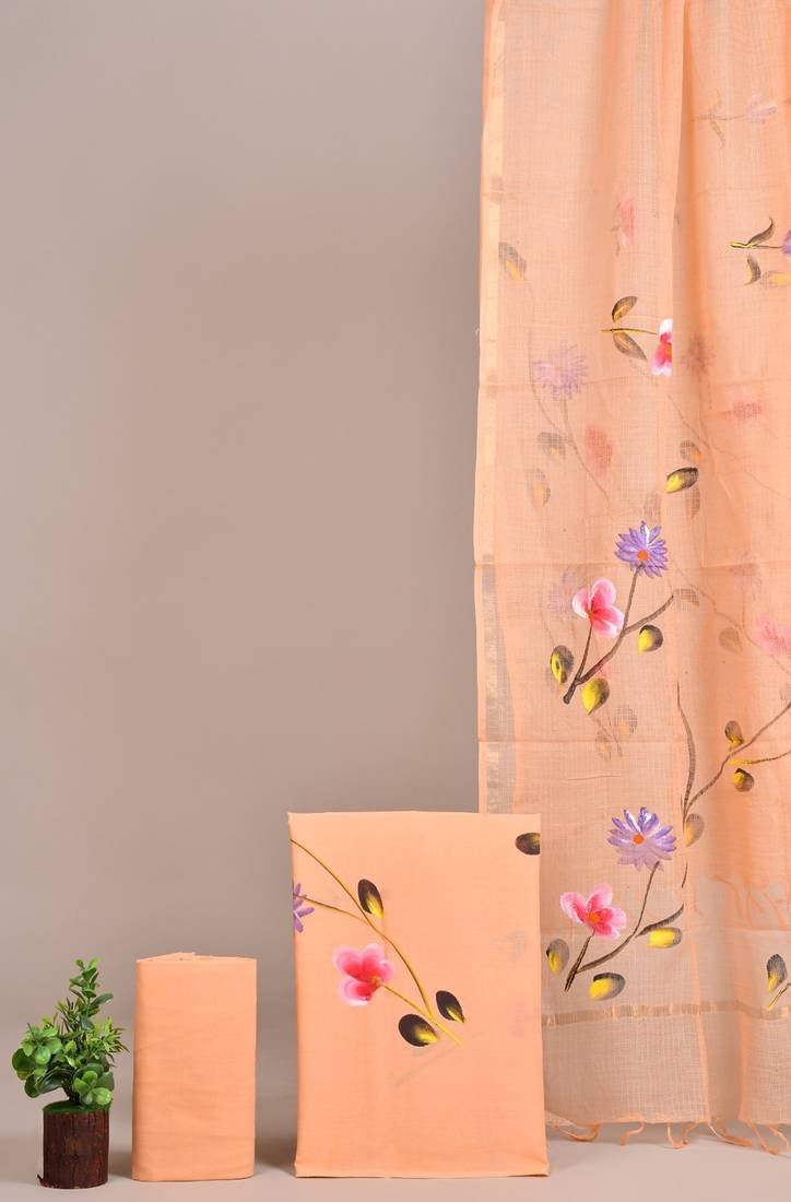 Light purple hand block printed cotton suit with kota doriya dupatta