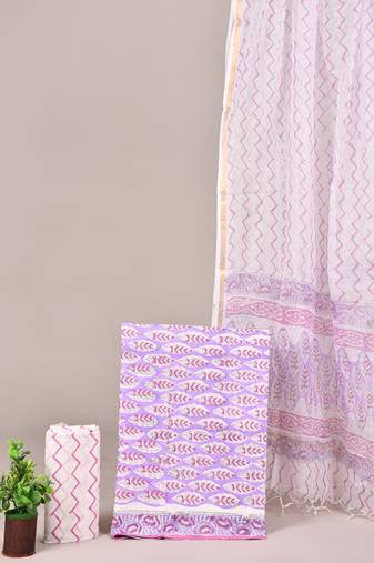 Sky blue hand block printed cotton suit with kota doriya dupatta