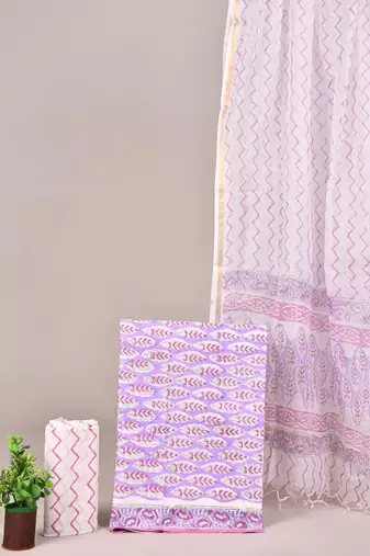 Sky blue hand block printed cotton suit with kota doriya dupatta
