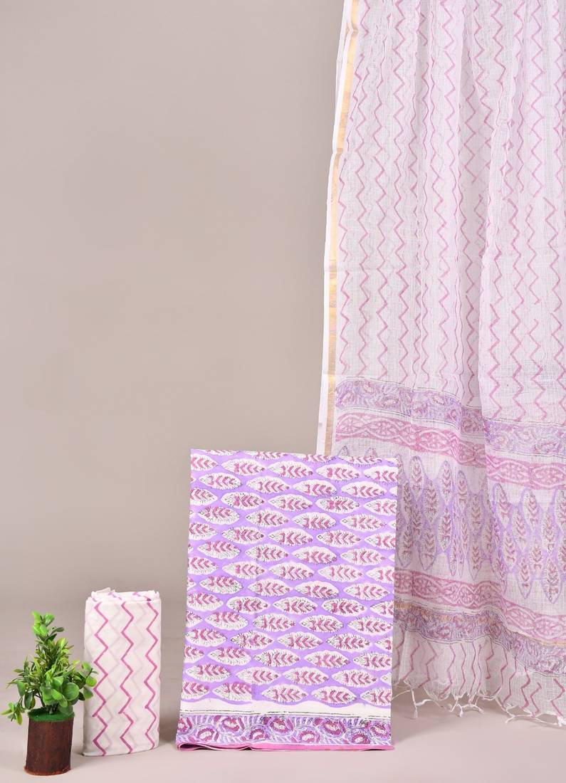 Sky blue hand block printed cotton suit with kota doriya dupatta