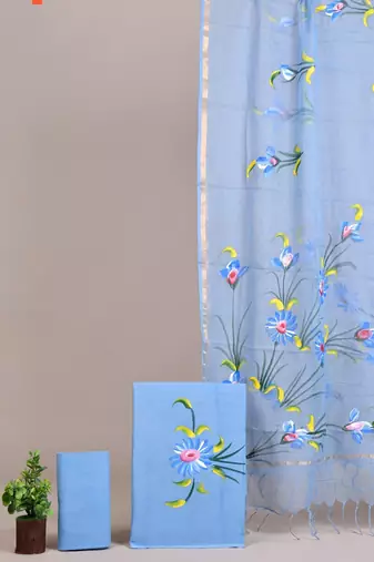 Rani pink hand block printed cotton suit with kota doriya dupatta