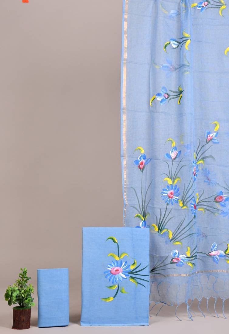 Rani pink hand block printed cotton suit with kota doriya dupatta