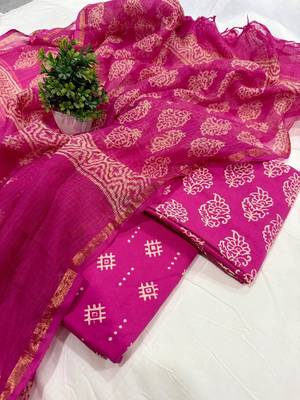 Peach hand block printed cotton suit with kota doriya dupatta 1
