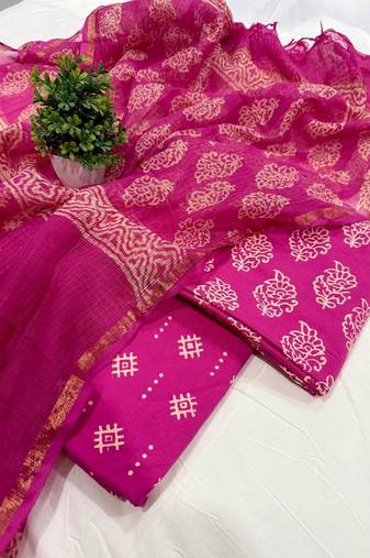 Peach hand block printed cotton suit with kota doriya dupatta