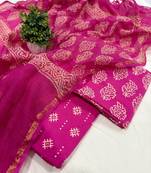 Peach hand block printed cotton suit with kota doriya dupatta