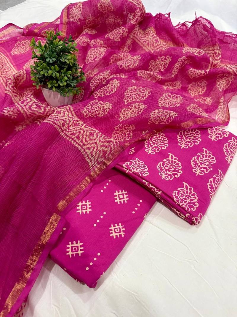 Peach hand block printed cotton suit with kota doriya dupatta