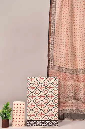 Light yellow hand block printed cotton suit with kota doriya dupatta